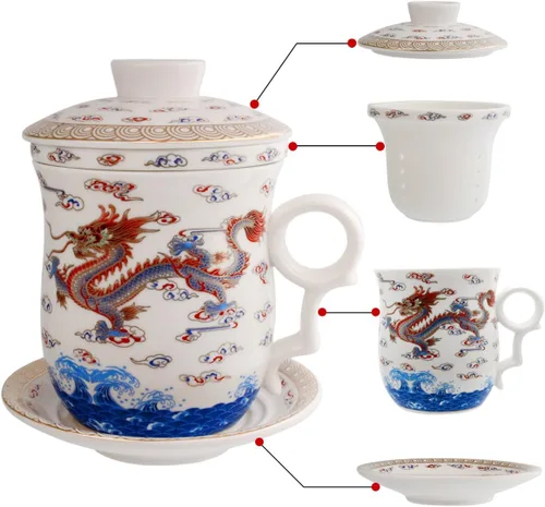 Vista 14 de Taza de té de porcelana con tapa de infusor y juegos de platillos – Taza de café de cerámica china Jingdezhen Taza de té de hoja suelta Sistema