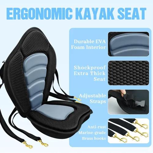 Vista 3 de Asiento de kayak acolchado de lujo para barco de pesca, asiento de canoa sentado en la parte superior, cómodo soporte de respaldo universal
