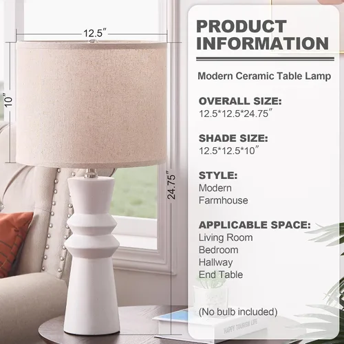 Vista 3 de Juego de 2 lámparas de mesa minimalistas de cerámica blanca de 24.75 pulgadas, lámpara de mesa auxiliar moderna Neutral White Lamps Set of 2, For