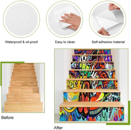 Vista 4 de Calcomanías modernas de grafiti en acuarela, calcomanías para escaleras para escaleras, abstracto, hip hop, ciudad, calle, pared, colorido, grafiti