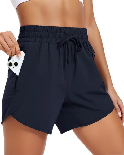 Vista 7 de Pantalones cortos deportivos para correr para mujer con entrepierna de 5 pulgadas con bolsillos con cremallera, de secado rápido, ligeros