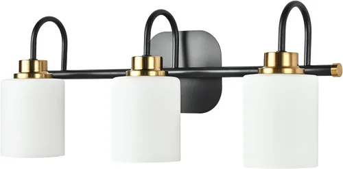 Vista 8 de Moderna lámpara negra para tocador de baño, accesorios de iluminación de 3 luces, marco y pantalla de globo de vidrio blanco leche, aplique de pared