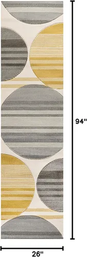 Vista 2 de JONATHAN Y Alfombra de pasillo de círculos a rayas gris/amarillo/crema, 2 x 8 pies, Nicky geométrica para sala de estar, dormitorio, cocina