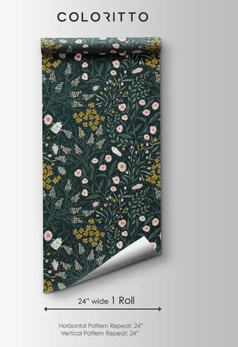 Vista 5 de Papel tapiz de flores mostaza y escarabajos, papel tapiz botánico autoadhesivo extraíble, papel tapiz floral para despegar y pegar