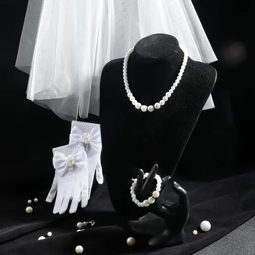Vista 7 de Bencailor Juego de 5 accesorios para disfraz de primera comunión, guantes de encaje con peine para el cabello, collar de perlas, pulsera y aretes