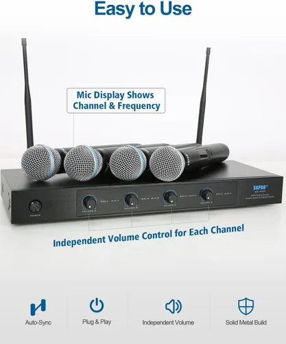Vista 3 de SGPRO SG-400F Sistema de micrófono inalámbrico de frecuencia fija de 4 canales Alcance de 250 pies, micrófonos y receptor de metal, micrófonos