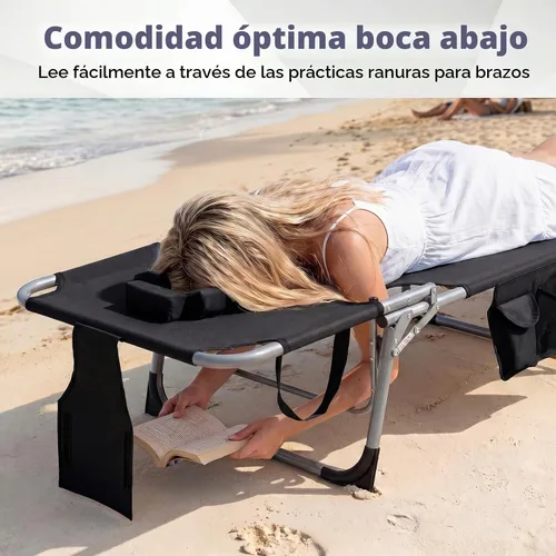 Vista 7 de Tangkula Silla de bronceado con agujero frontal, plegable y ajustable para patio, silla reclinable, para playa, tomar el sol, con bolsillo lateral