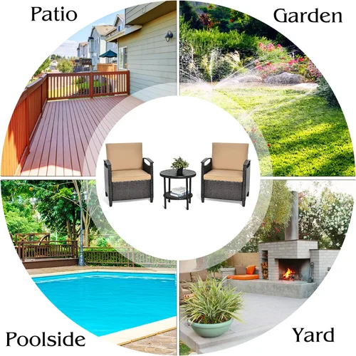 Vista 9 de Tangkula Juego de sofá de ratán de 3 piezas, juego de bistró para conversación de patio con mesa auxiliar, cojines de asiento y respaldo, marco