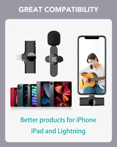 Vista 5 de Micrófono Lavalier inalámbrico profesional para iPhone, iPad - Micrófono de grabación de condensador omnidireccional inalámbrico para videos