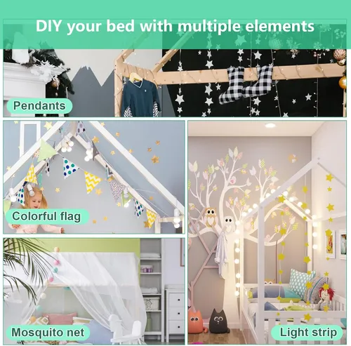 Vista 6 de Lakifun Casa de juegos de cama de metal de tamaño individual con barandillas de techo y valla para niños y niñas, marco de toldo Montessori de suelo