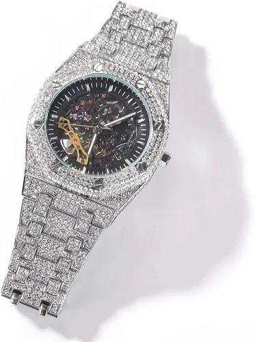 Vista 9 de ICEDIAMOND 43MM Iced Out Openwork Mechanical Automatic Wrist Watch, Full Shiny CZ Diamond Hand-Winding Skeleton Dial Luxury Watch for Men