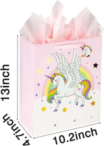 Vista 2 de Laidans Bolsa de regalo de unicornios grandes de 13 pulgadas para niñas y niños, baby shower con papel de seda, paquete de 1