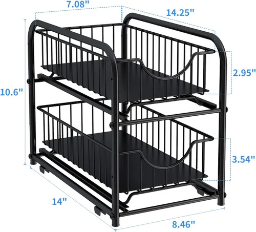 Vista 3 de Organizador de gabinete extraíble, estante apilable de 2 niveles para debajo del fregadero, con cajón de almacenamiento deslizante para despensa