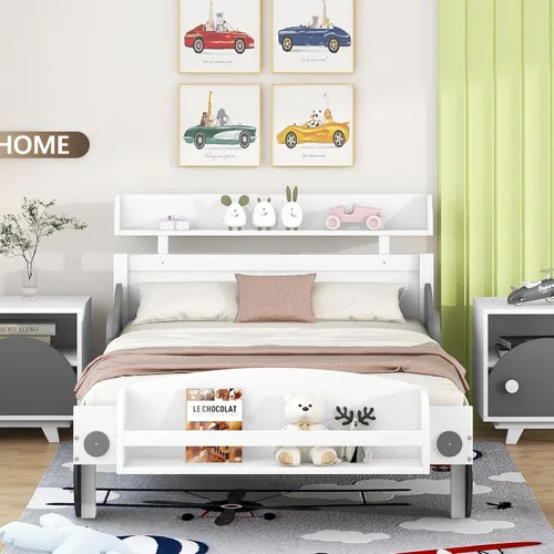 Vista 19 de Cama de plataforma de madera de tamaño individual con cabecera en forma de casa, soporte de listones de madera, para dormitorio de niños, niñas