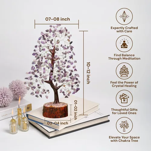 Vista 4 de Árbol de la vida de cristal amatista de 10-12 pulgadas con 2 colgantes de chakra – Bonsái de cristal sanador, árbol del dinero para energía
