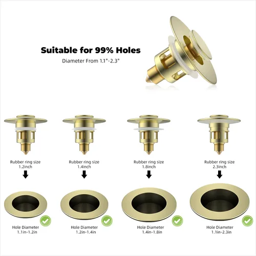 Vista 5 de Hibbent Paquete de 2 Tapones Universales de Todo Metal para Lavabo de Baño para Lavamanos de 1.1''~2.3'', Colador de Desagüe de Lavabo Emergente