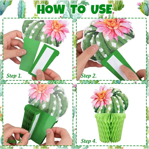 Vista 3 de Whaline 10 centros de mesa de cactus en forma de panal de abeja, decoración de papel suculento en maceta, decoración de cactus florecientes de Rosa