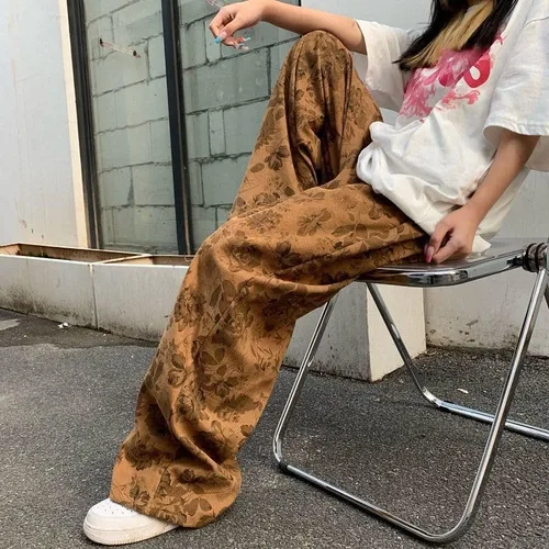 Vista 4 de CYee Grunge Pantalones holgados Y2K Acubi Pantalones de pana pantalones de pana con estampado de rosas Pantalones de pierna ancha Pantalones