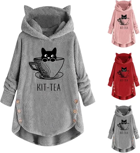 Vista 5 de Kit Tea - Sudadera con capucha para mujer, diseño de orejas de gato, de felpa, informal, de manga larga, con botones, suelta, cómoda