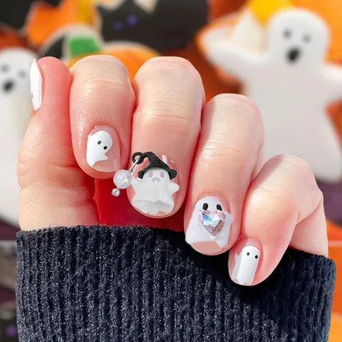 Vista 2 de 10 dijes de uñas de Halloween, diseño de calavera de fantasma, corazón con gemas de uñas, divertidos diamantes de imitación de uñas de Halloween