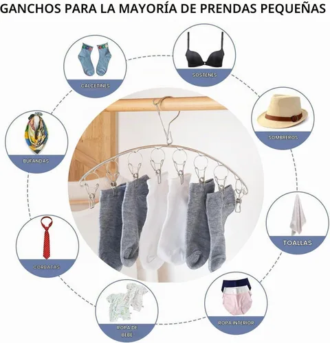 Vista 4 de Percha de secado de ropa de acero inoxidable con gancho resistente al viento, colgador de ropa interior, perchas con 8 clips para secar calcetines