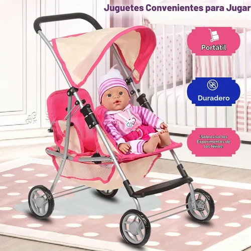 Vista 8 de Fash n kolor, Twin Doll Double Stroller Pink & Off-White Design Easy to Fold Double Stroller with Basket in The Bottom Rosa