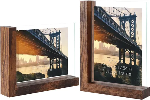 Vista 10 de Lavezee Paquete de 2 marcos de fotos de 4 x 6 pulgadas, hechos de base de madera negra en forma de L con vidrio, imágenes de fotos de doble cara