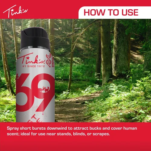 Vista 5 de TINK'S Synthetic #69 Doe-in-Rut Orina de Cierva en Celo Spray en Aerosol Atrayente de Ciervos para la Caza (85 ml de lata) - Olores Superiores