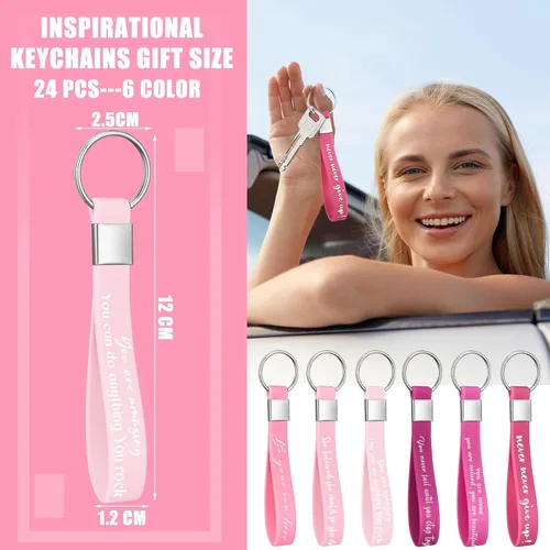 Vista 2 de Sasylvia 24 llaveros con cita inspiradora a granel para mujeres, hombres y niñas, regalo de Navidad, de silicona rosa, con cita motivacional
