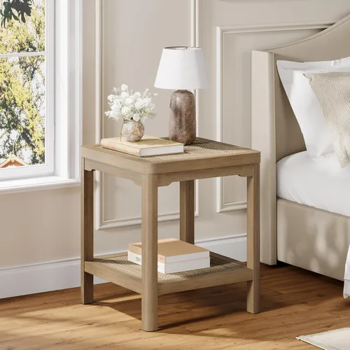 Vista 18 de Eclatara Mesitas de noche de ratán, mesa auxiliar de 2 niveles para dormitorio, mesa auxiliar de polígono decorativa para espacios pequeños, mesa