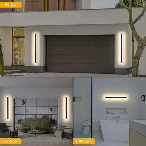 Vista 2 de Paquete de 2 luces de pared para exteriores de 32 pulgadas, 24 W, IP65, acrílico esmerilado, lámpara de pared, moderna, rectangular, color negro