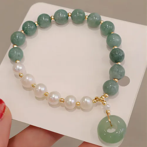 Vista 3 de Pulsera de perlas de jade birmano, pulsera elástica con cuentas de piedras preciosas, pulsera elástica, pulsera para mujer, Piedra