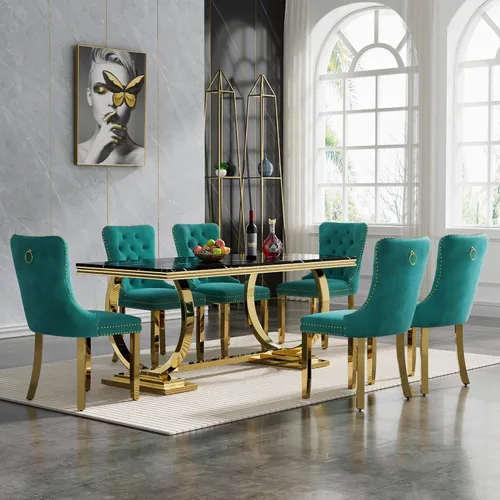 Vista 62 de HomVent Juego de mesa de comedor moderna de mármol sintético para 4 personas, mesa de cocina rectangular con 4 sillas beige (dorado)