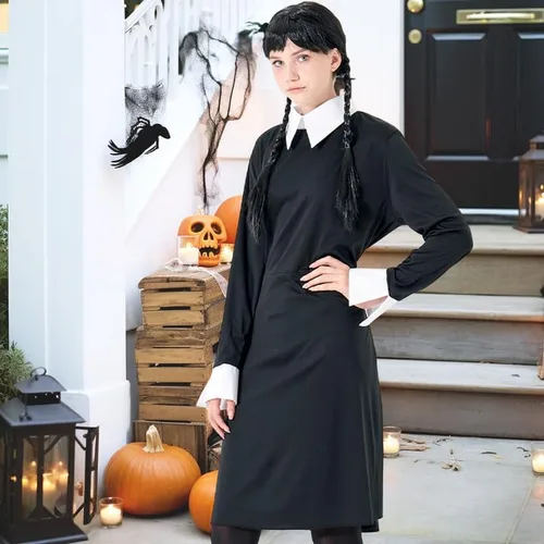 Vista 8 de Party Talk Wednesday Addams Dress for Women Girls, Halloween Costumes Cosplay Long Sleeve Peter Pan Collar Addams Family