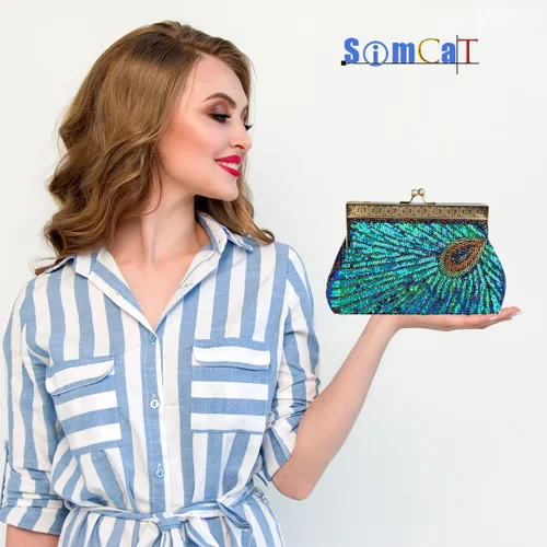 Vista 4 de Bolso de noche con cuentas de lentejuelas para mujer, estilo retro, pavo real, bolso de novia, bolso vintage brillante para fiesta, boda, cóctel