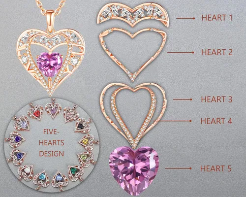 Vista 65 de Collar de cristal de 5 corazones, chapado en oro rosa de 18 quilates, colgante con cadena de plata de ley 925 de 18 + 2 pulgadas, joyería de piedra