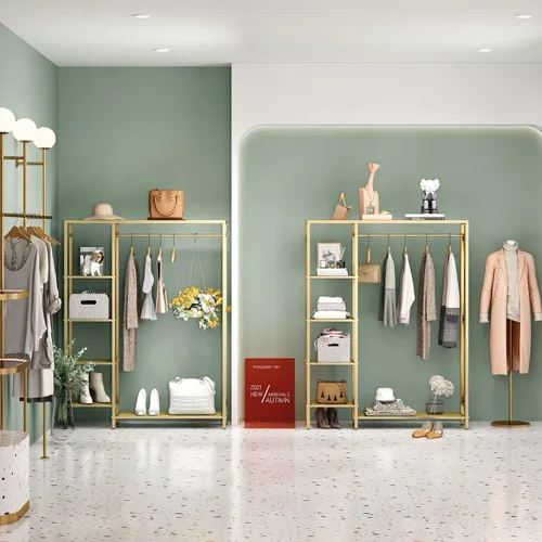 Vista 4 de TIEOU Estantes de ropa dorados modernos independientes, estante de ropa dorado con estantes para boutiques, estante de ropa resistente para colgar