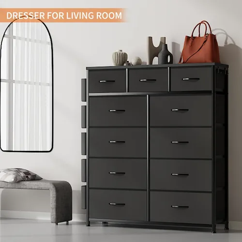 Vista 6 de Cómoda de almacenamiento de tela con 11 cajones para organización del dormitorio, cómoda con estantes profundos, bolsillos laterales y ganchos, Negro