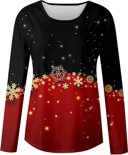 Vista 2 de RMXEi Camisetas de Navidad para mujer, de manga larga, cuello redondo, camisetas de Navidad para mujer, blusas de moda