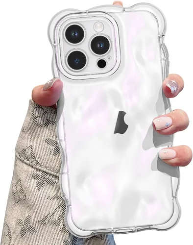 Vista 14 de UEEBAI Funda ondulada para iPhone 14 Pro Max, bonita cubierta plateada con forma de onda para iPhone, bonita funda estética 3D para teléfono