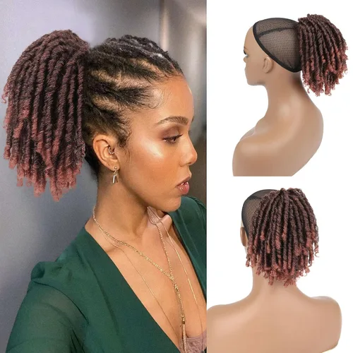 Vista 11 de Extensiones de cola de caballo de rastas para mujer, cola de caballo con cordón negro con extremos rizados, rastas sintéticas de diosa, extensiones