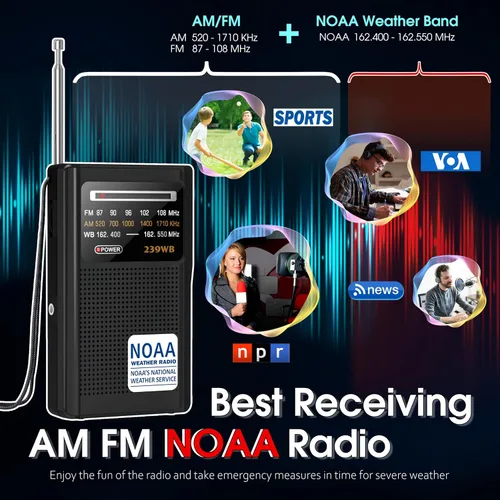 Vista 3 de Greadio NOAA Radio Meteorológica, Conector de Auriculares Estéreo, Radio Transistor Portátil AM/FM Operada por Batería con la Mejor Recepción