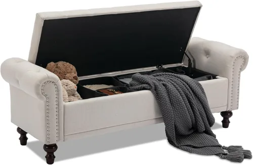 Vista 11 de SOFTHION Banco de almacenamiento de 58.1 pulgadas para dormitorio, cojín de chenilla, color marrón claro Chenille marrón claro