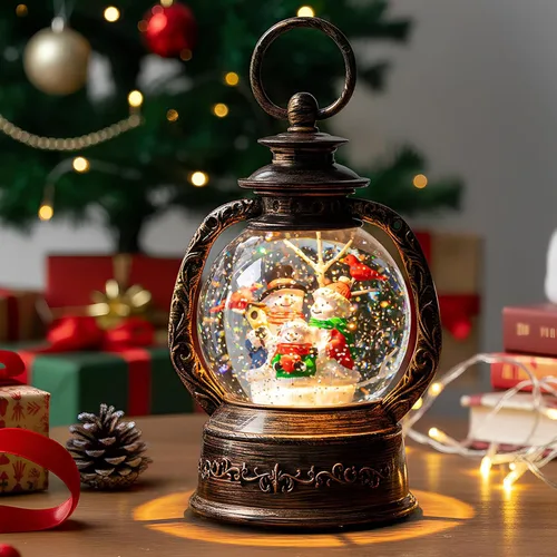 Vista 13 de Globo de nieve de Navidad con agua brillante de muñeco de nieve con música y temporizador, linterna iluminada con pilas para regalos de decoración