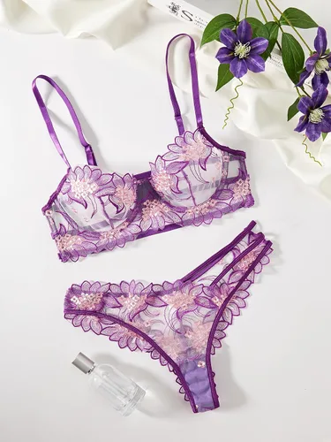 Vista 3 de WDIRARA Conjunto de lencería de 2 piezas para mujer con bordado floral y tirantes delgados