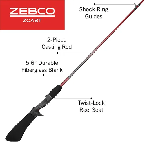 Vista 2 de Zebco Z-Cast Casting Fishing Rod, 2-Piece Durable Z-Glass Fishing Pole, Comfortable EVA Rod Handle, Shock-Ring Guides