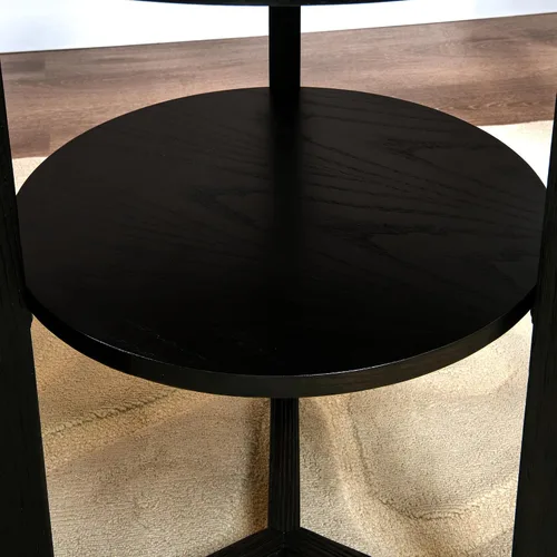 Vista 5 de Mesa auxiliar redonda de madera de 19.3 pulgadas, mesa auxiliar redondeada de madera maciza de 2 niveles, mesa auxiliar circular con estante