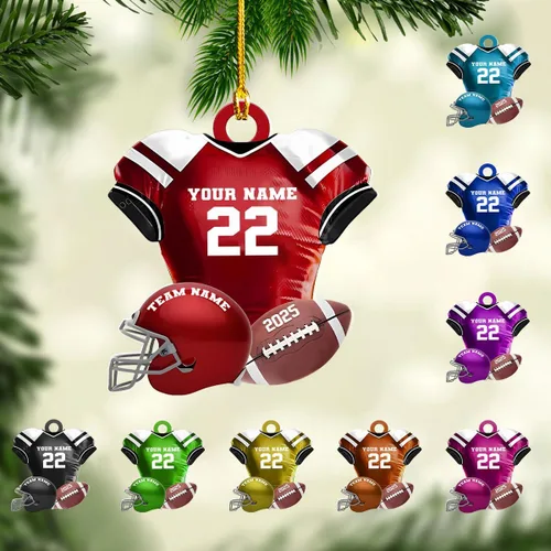 Vista 12 de Adornos de fútbol personalizados, hombreras y casco, adorno de Navidad, regalo de jugador estadounidense, regalo para niños y niñas, decoración
