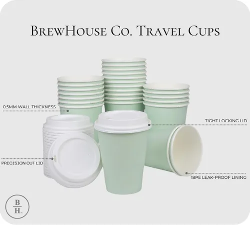 Vista 4 de BrewHouse - Tazas de café desechables con tapas, 12 onzas, tazas de café de papel de lujo con tapas, 25 unidades, color verde