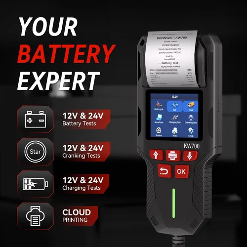 Vista 2 de KONNWEI Probador de batería de coche con impresora, 12 V 24 V Probador de carga de batería automotriz 10-2000CCA, prueba de arranque y carga